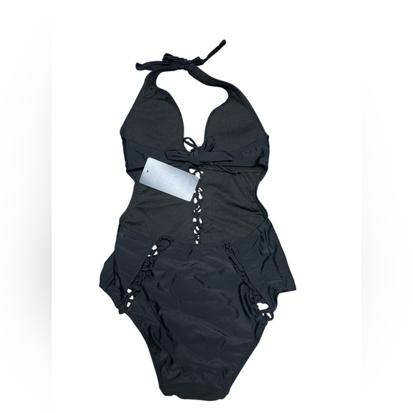 Ashley Graham Black One Piece Swimsuit with Halter Neck Lace-Up cut out 8 - Picture 4 of 6